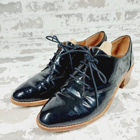 Louise et Cie Black Patent Leather Lace Up Block Heel Loafers Boots D263 - Picture 2 of 12